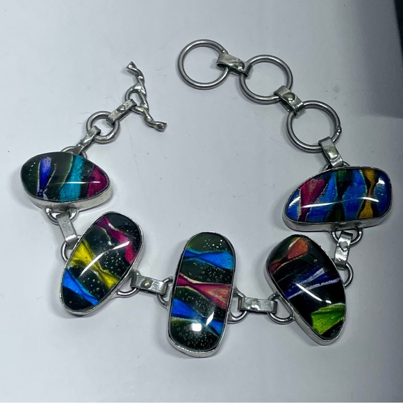 Handmade Sterling Silver Dichroic Glass Bracelet Artisan Multi-Color 7.5–8” - Picture 3 of 4
